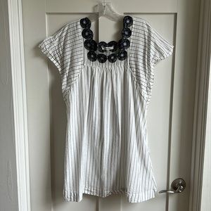 Madewell Gray and White Stripe Dress with Blue Embroidery